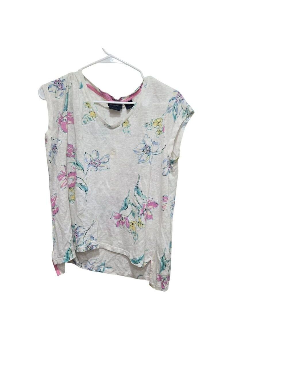 Rachel Roy Floral Linen Top Medium Ivory Pink Cap Sleeve Blouse